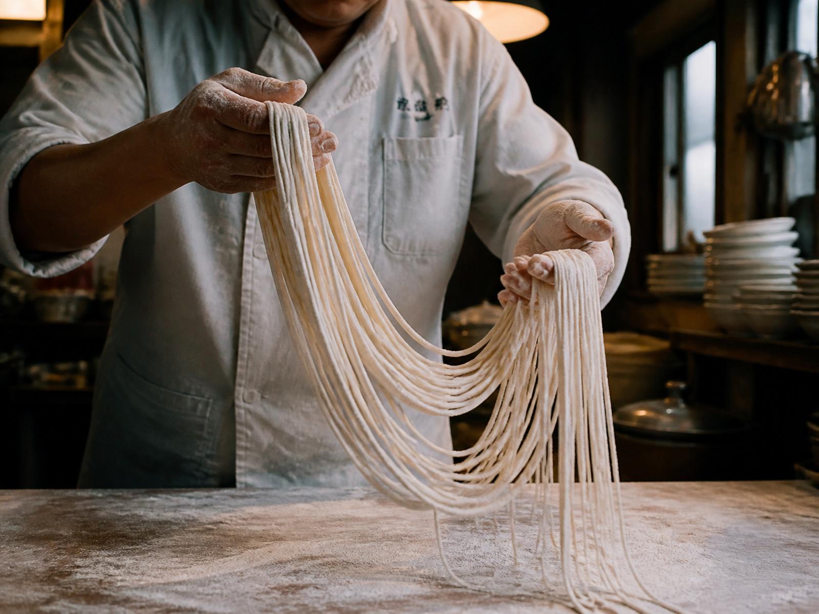 Chef pulling noodles